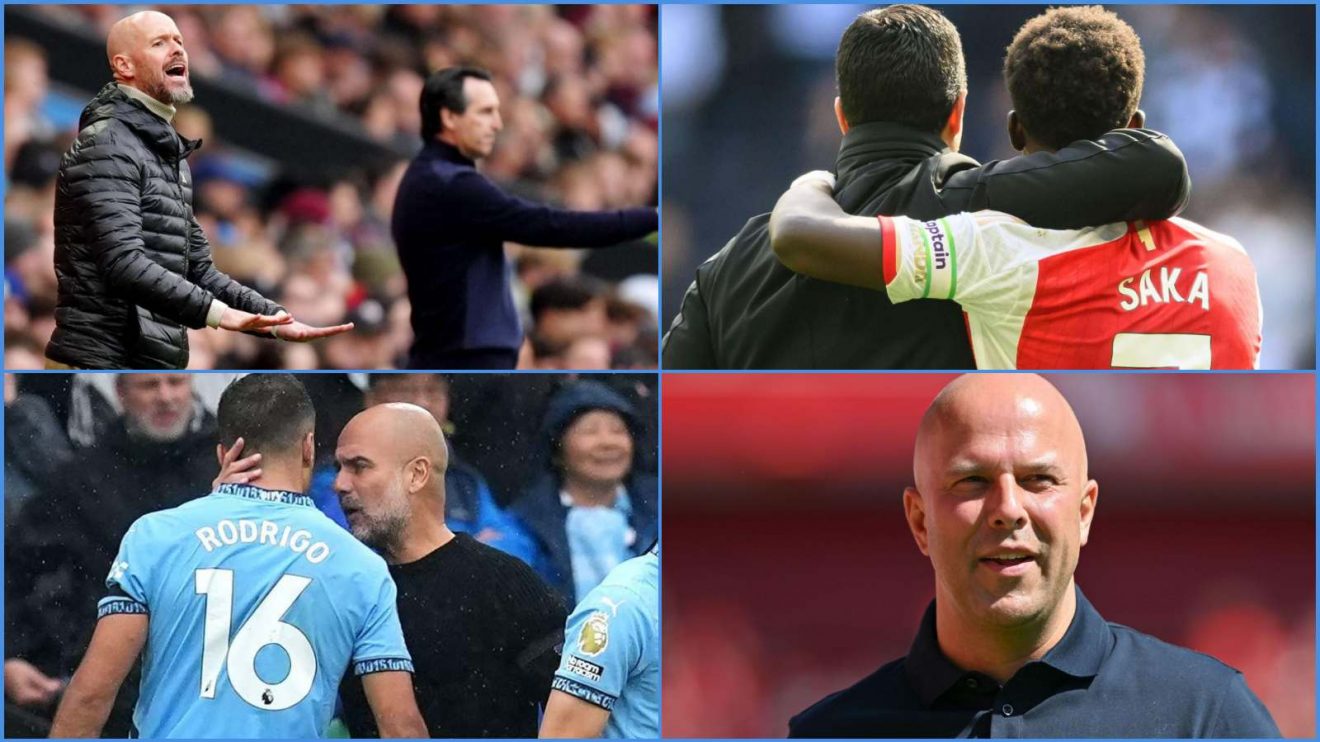 Erik ten Hag, Unai Emery, Mikel Arteta, Bukayo Saka, Rodri, Pep Guardiola and Arne Slot