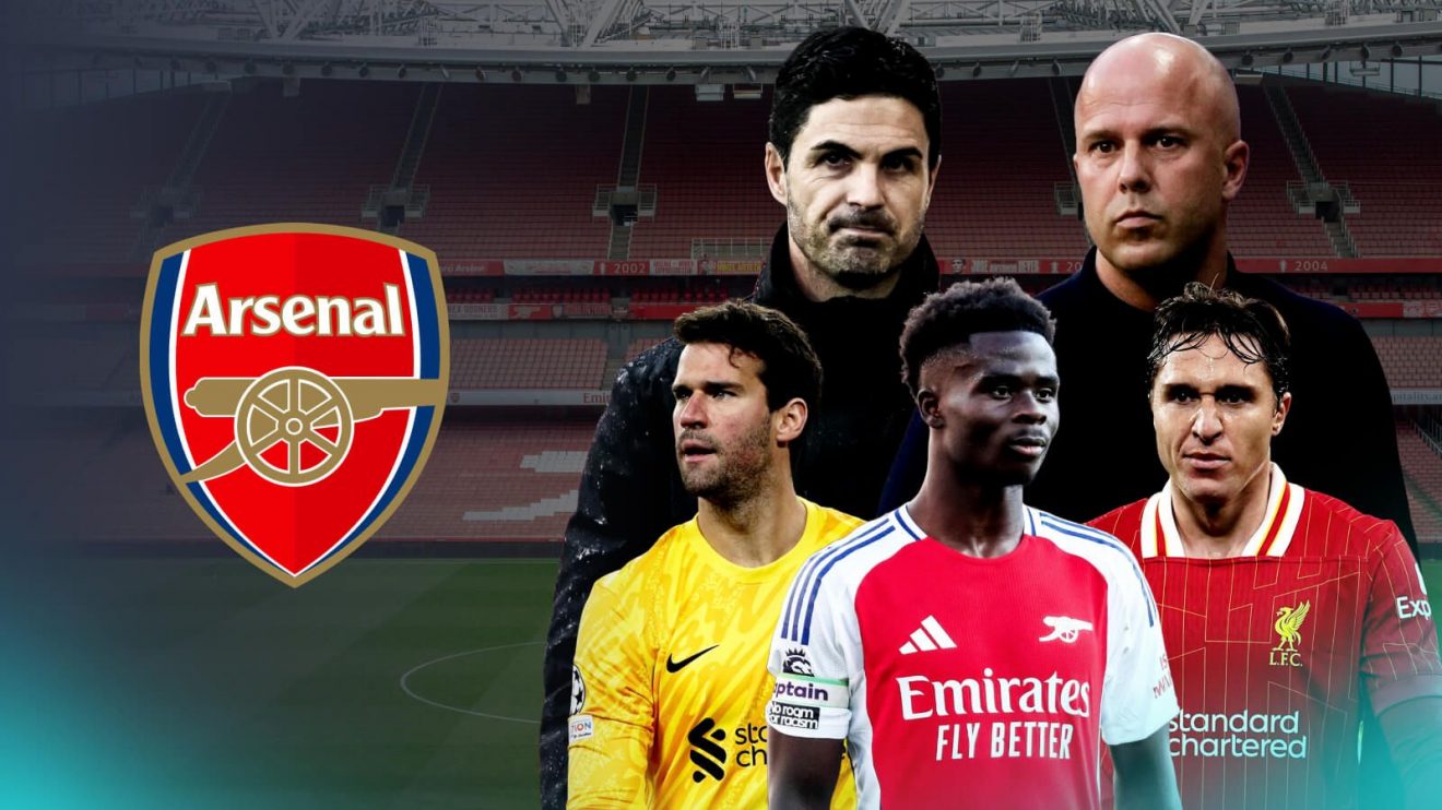 Mikel Arteta, Arne Slot, Alisson, Bukayo Saka and Federico Chiesa of Arsenal and Liverpool