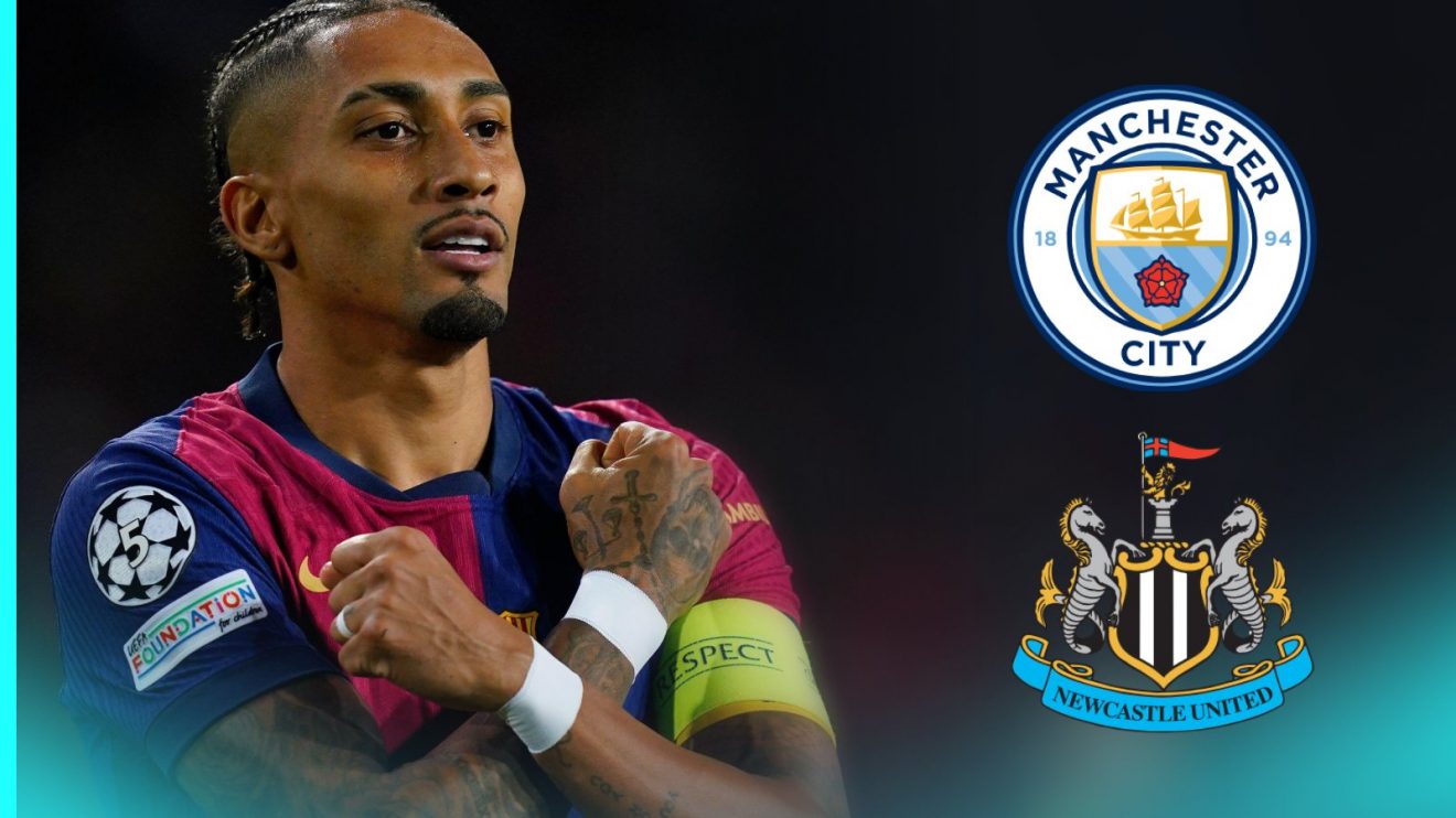 Raphinha with the Man City and Newcastle badges