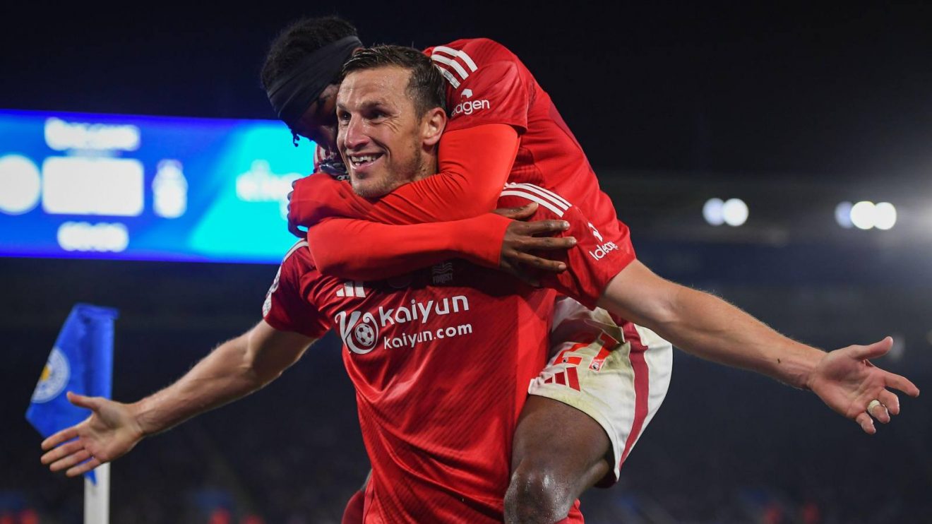 Nottingham Forest striker Chris Wood celebrates his goal with Anthony Elanga