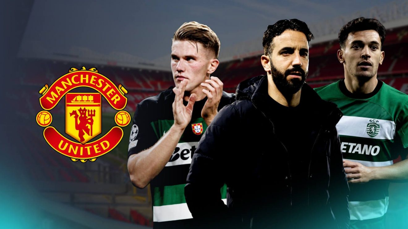 The Manchester United badge with Viktor Gyokeres, Ruben Amorim and Pedro Goncalves of Sporting