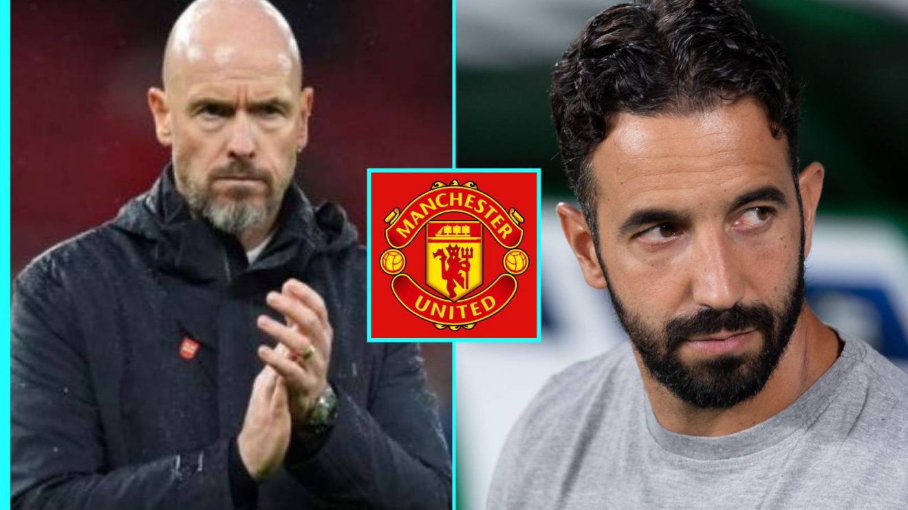 Erik ten Hag and Ruben Amorim with the Man Utd badge