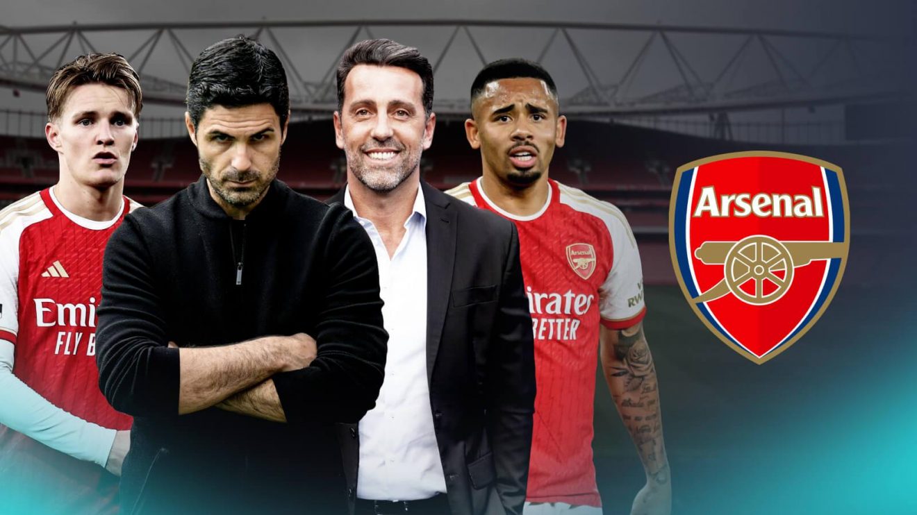 Martin Odegaard, Gabriel Jesus, Mikel Arteta and Edu Gaspar centre with the Arsenal badge and Emirates Stadium background