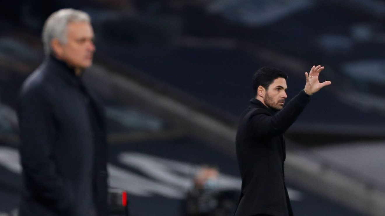 Jose Mourinho and Mikel Arteta on the sidelines during a Premier League game between Tottenham and Arsenal in 2020