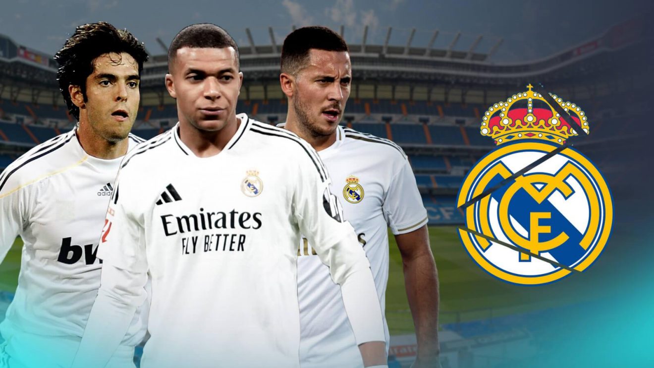 Eden Hazard (left), Kylian Mbappe (centre) and Kaka (right) with the Bernabeu background and cracked Real Madrid badge
