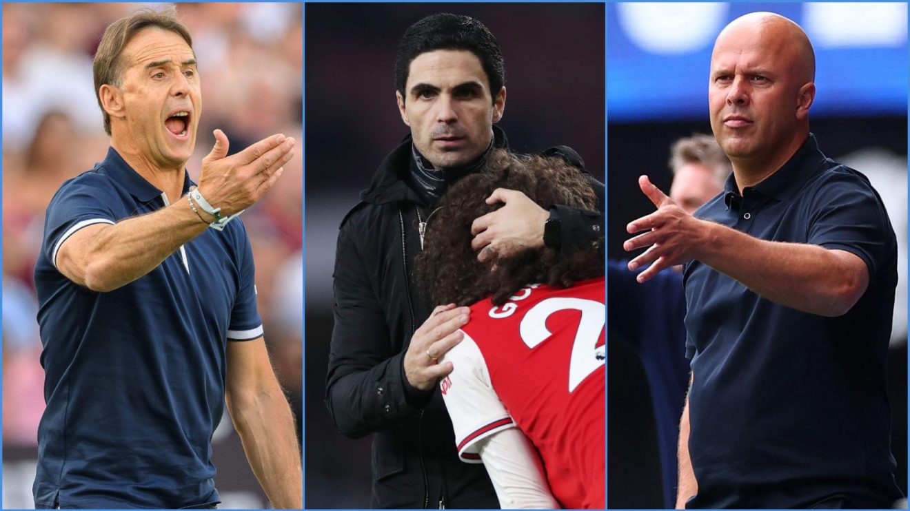 West Ham manager Julen Lopetegui, Arsenal coach Mikel Arteta and Arne Slot of Liverpool