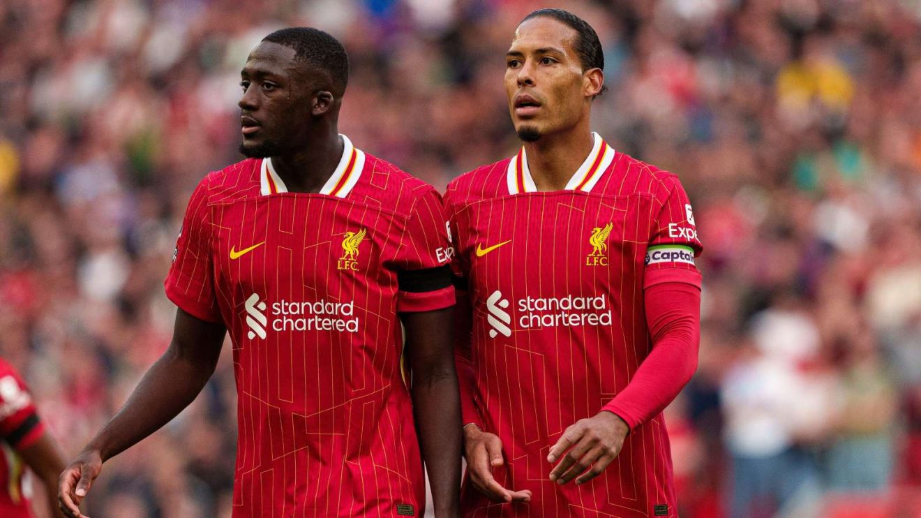 Liverpool centre-backs Ibrahima Konate and Virgil van Dijk during a match