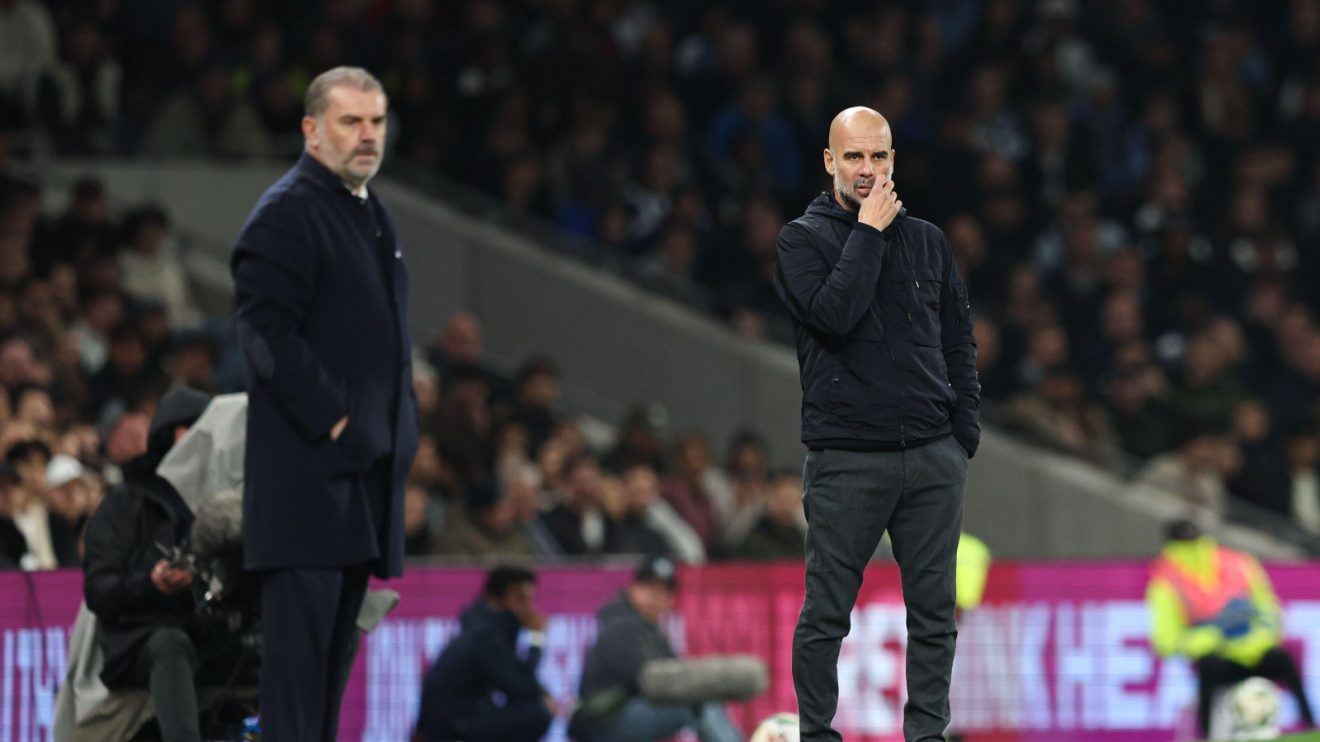 Man City boss Pep Guardiola and Tottenham head coach Ange Postecoglou