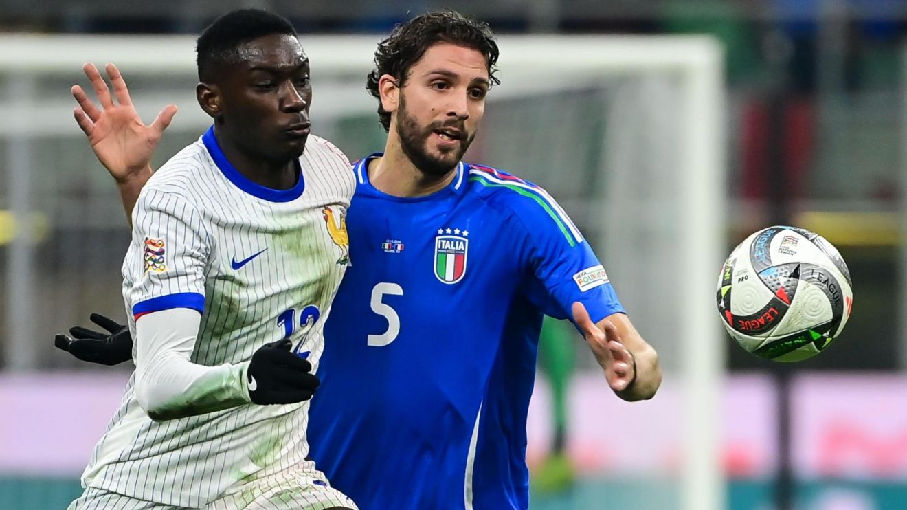 Reported Man Utd target Randal Kolo Muani and Manuel Locatelli during a match