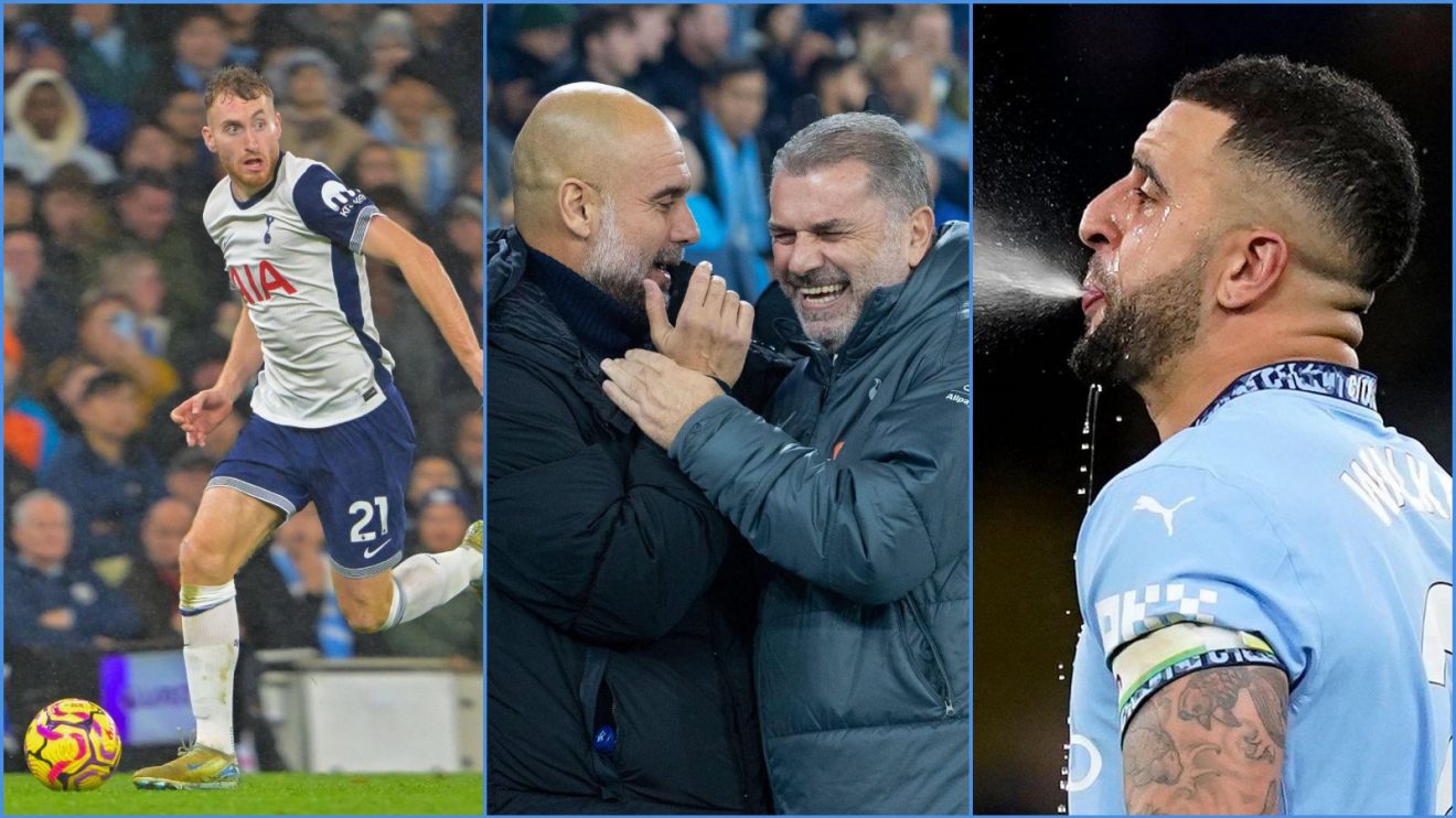 Spurs player Dejan Kulusevski, Pep Guardiola and Ange Postecoglou and Manchester City's Kyle Walker
