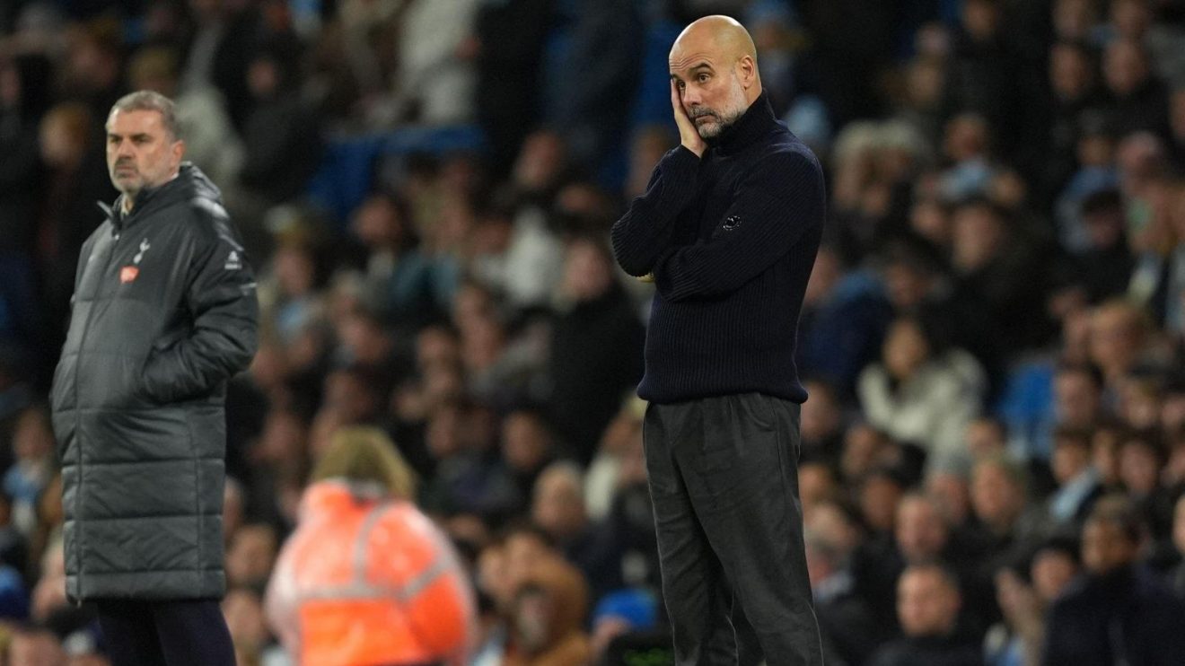 Pep Guardiola and Ange Postecoglou look on during a match