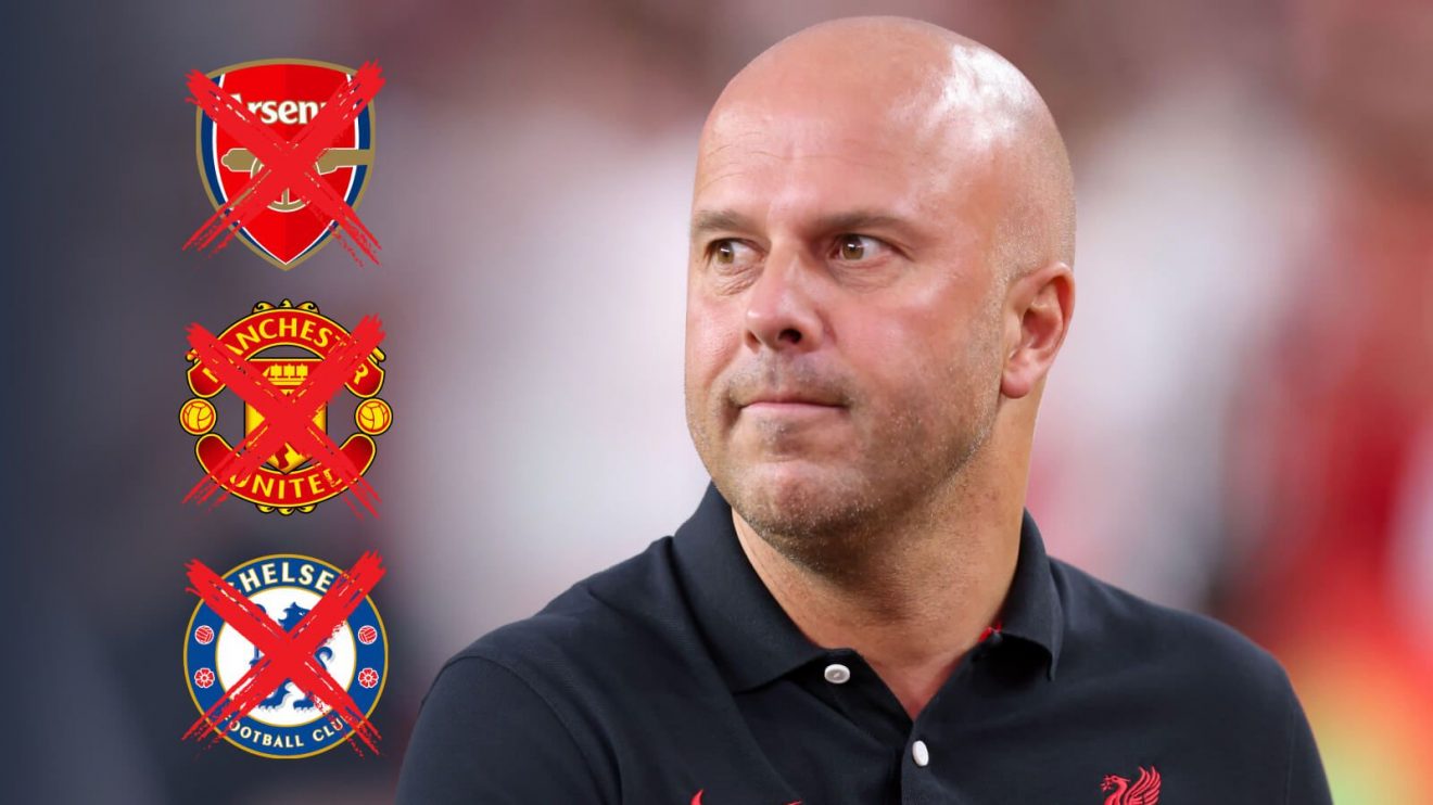 Liverpool coach Arne Slot with the Arsenal, Manchester United and Chelsea badges crossed out