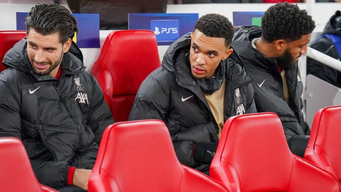 Liverpool right-back Trent Alexander-Arnold sitting on the bench before a match
