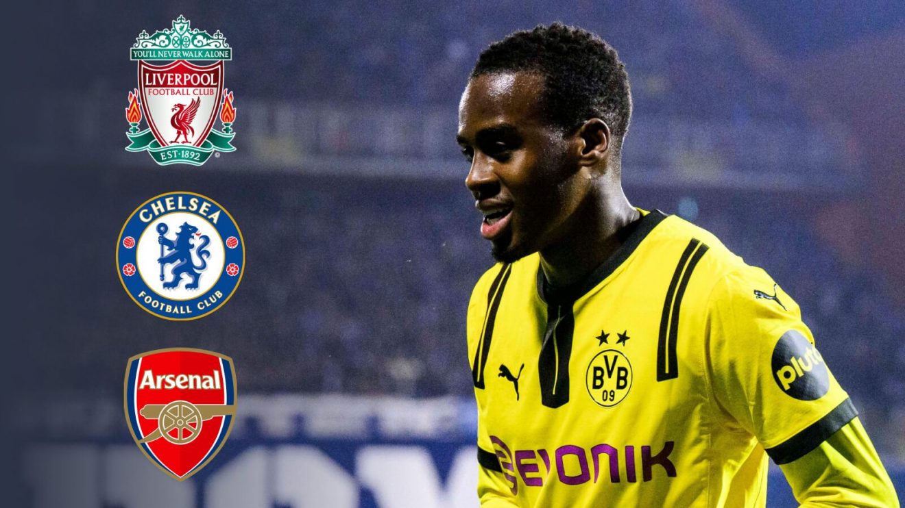 Jamie Gittens with the Liverpool, Chelsea and Arsenal badges
