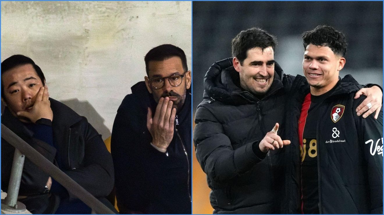 Leicester's owner with manager Ruud van Nistelrooy, and Andoni Iraola and Evanilson of Bournemouth