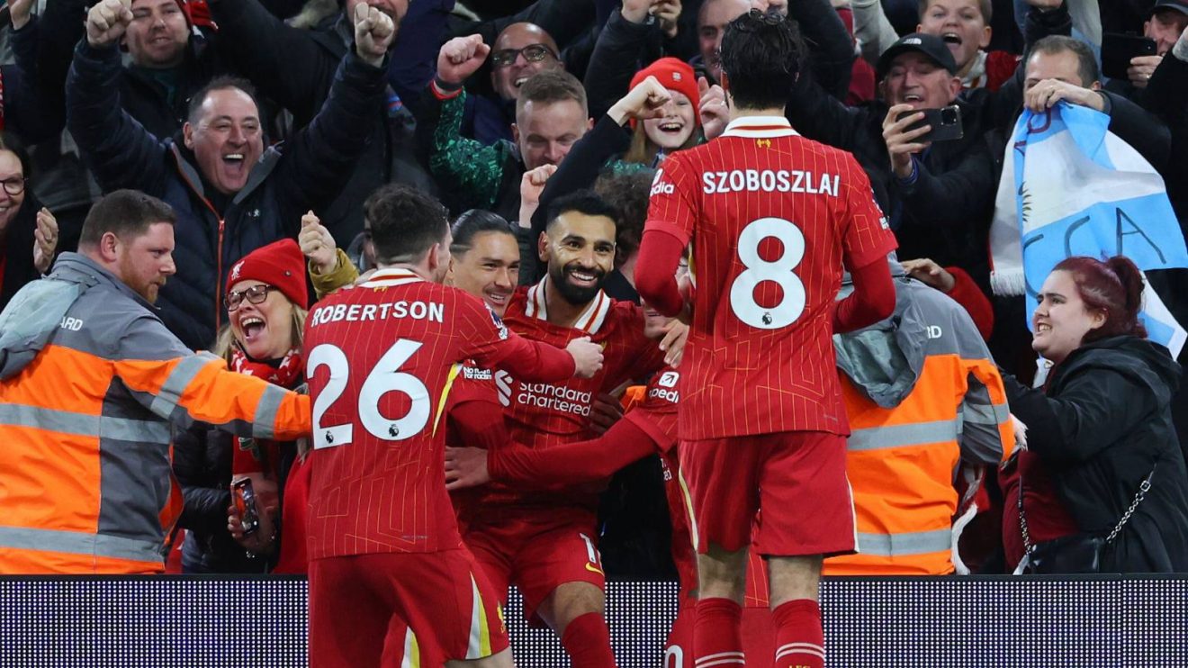 Mo Salah celebrates after scoring the second goal as Liverpool beat Manchester City 2-0 in the Premier League