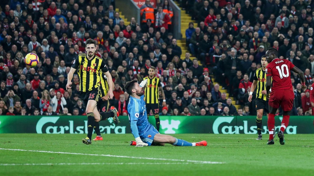 Liverpool forward Sadio Mane scores against Watford