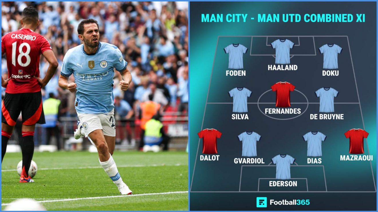 Bernardo Silva celebrates and Man City v Man United combined XI graphic