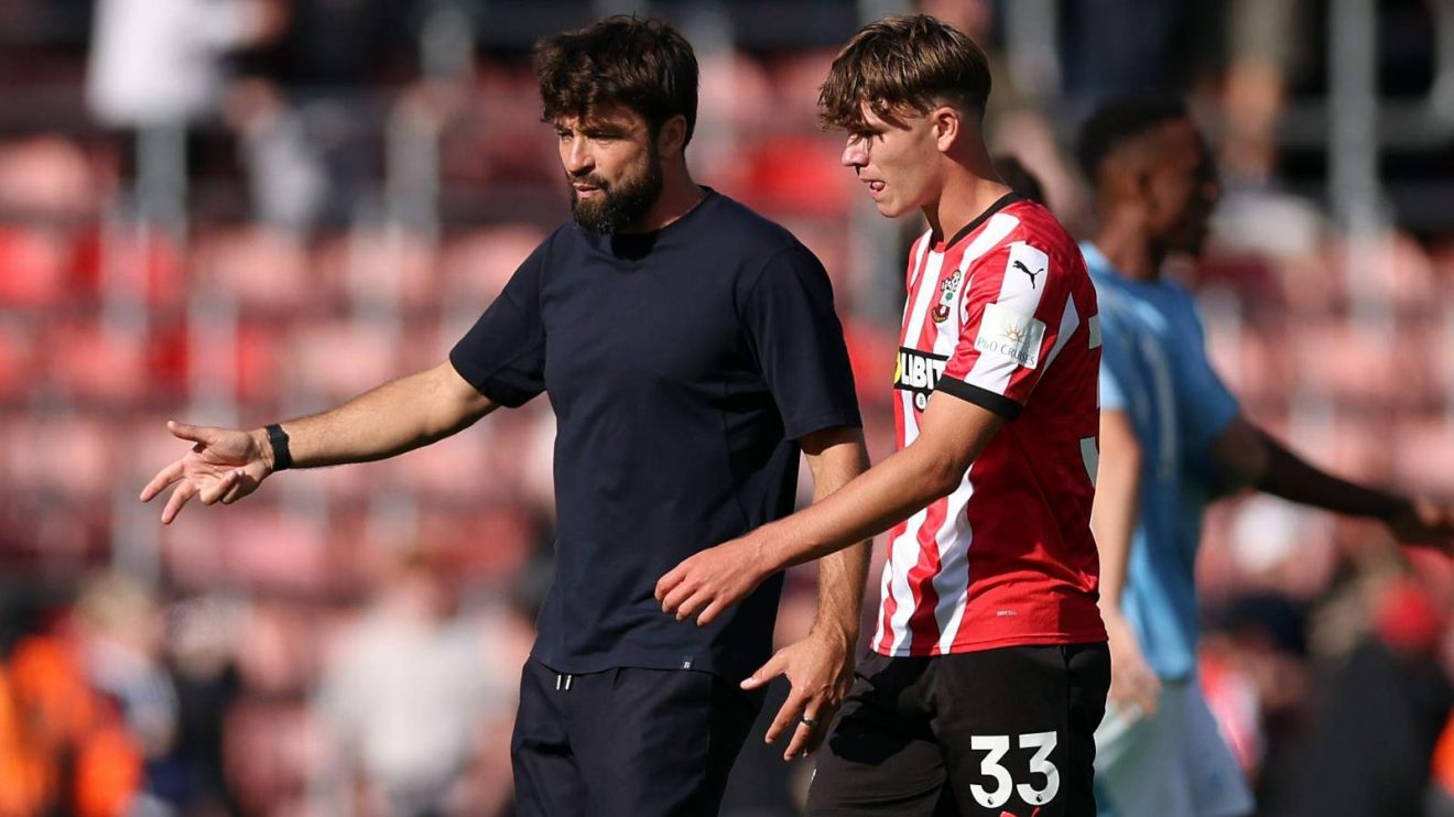 Southampton head coach Russell Martin and Tyler Dibling after a match