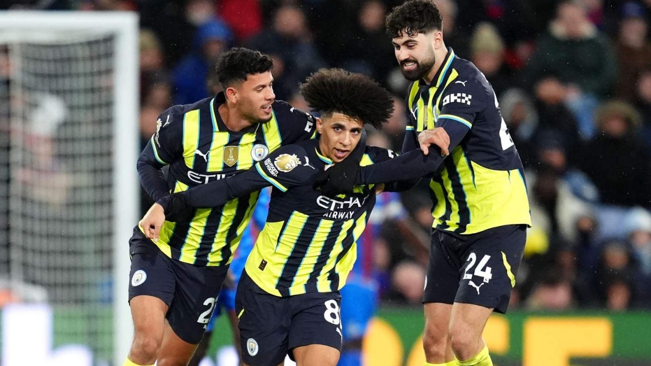 Man City defender Rico Lewis celebrates his goal