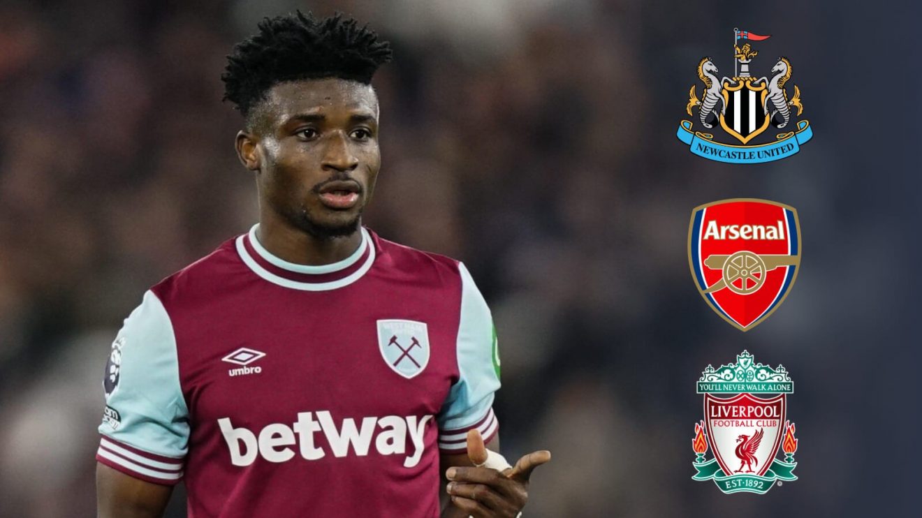 Mohammed Kudus with the Newcastle, Arsenal and Liverpool badges