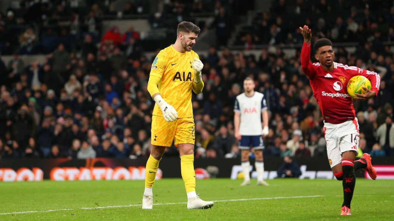 Tottenham goalkeeper Fraser Forster and Man Utd winger Amad Diallo