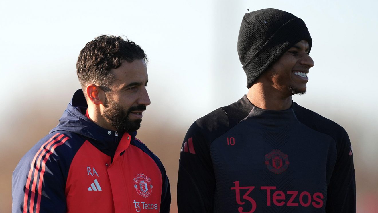 Ruben Amorim and Marcus Rashford share a laugh on the Manchester United training ground
