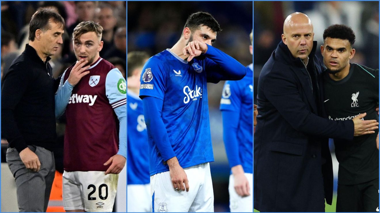 West Ham's Julen Lopetegui and Jarrod Bowen, Armando Broja and Liverpool's Arne Slot and Luis Diaz
