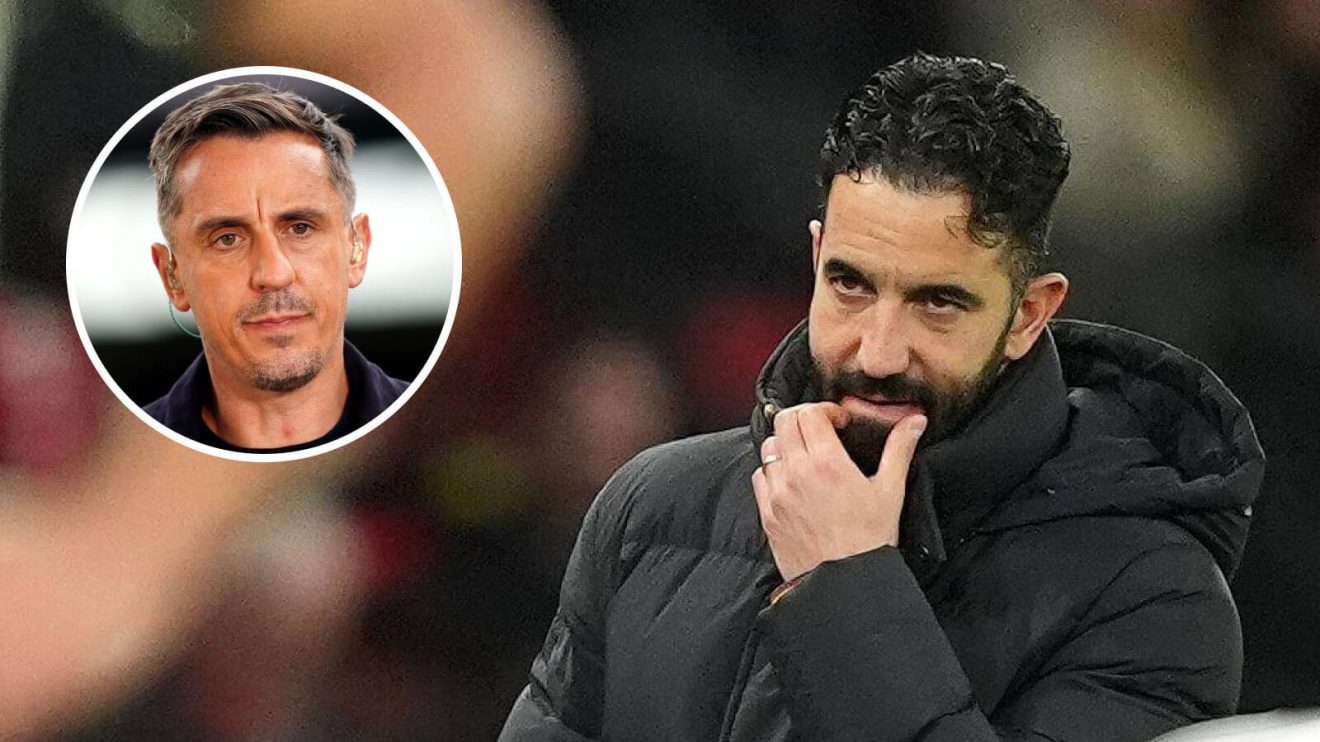 Man Utd head coach Ruben Amorim with Gary Neville in a small circle