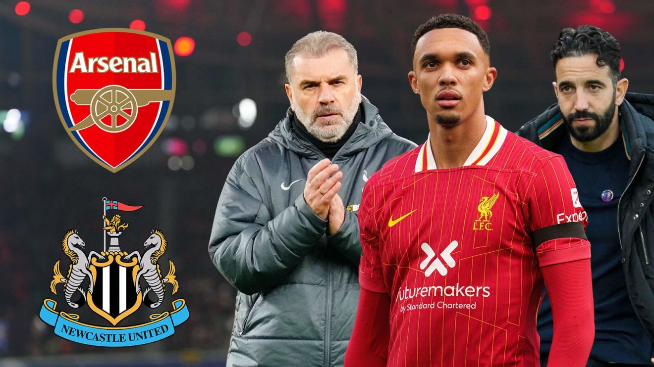 Spurs manager Ange Postecoglou, Liverpool defender Trent Alexander-Arnold and Manchester United coach Ruben Amorim next to the Arsenal and Newcastle badges