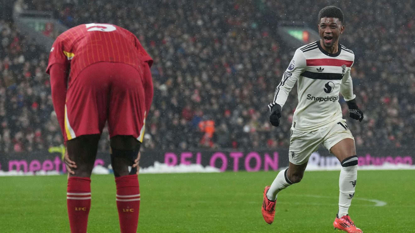 Amad celebrates his equaliser at Anfield as Ibrahima Konate bends double in dejection