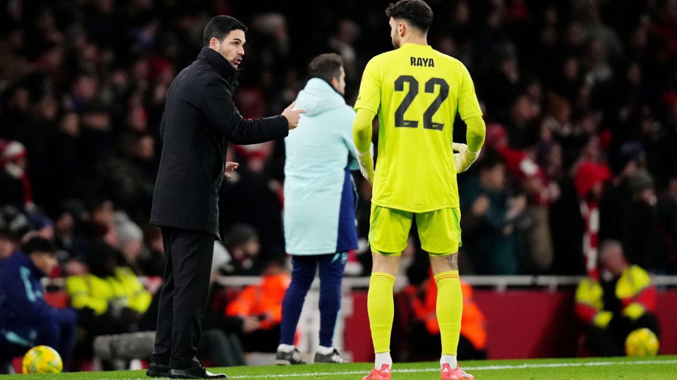 Arsenal manager Mikel Arteta and David Raya