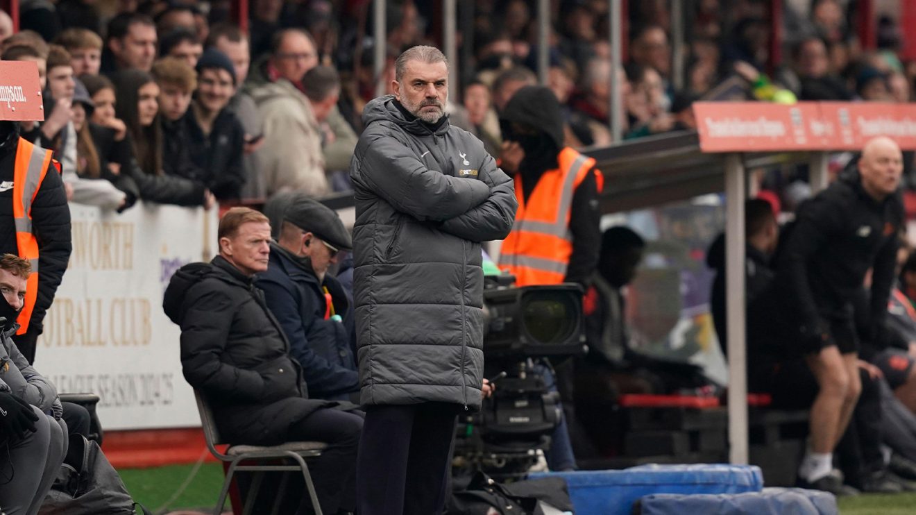 Ange Postecoglou cuts a frustrated figure in the dugout at Tamworth
