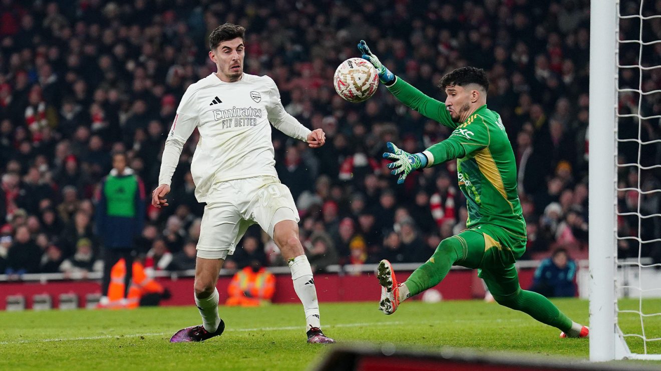 Kai Havertz shoots over the bar from very close range after getting onto a cross, with Manchester United keeper Altay Bayindir flailing to get to it