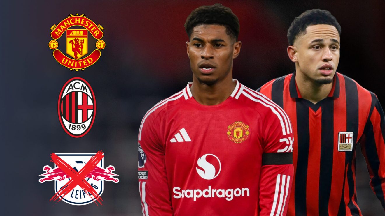 Man Utd forward Marcus Rashford and Noah Okafor