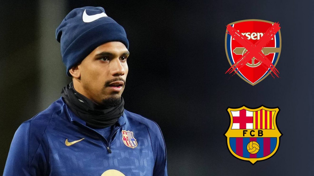 Ronald Araujo with the Arsenal badge with a red cross and the Barcelona badge