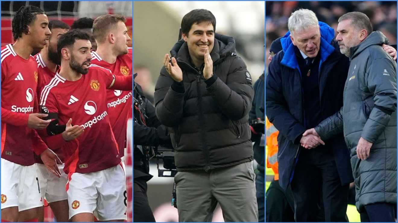 Man Utd players, Bournemouth manager Andoni Iraola and Everton coach David Moyes with Ange Postecoglou of Spurs