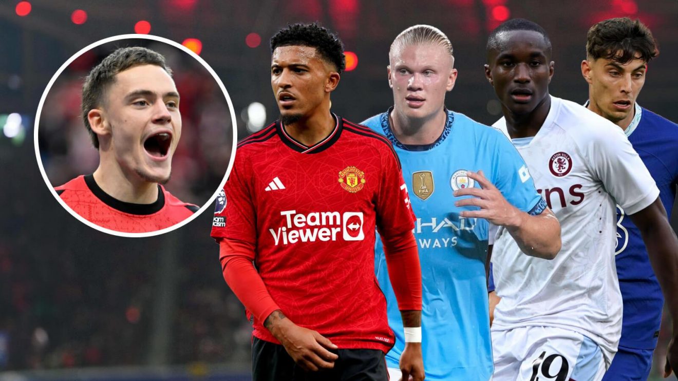 Erling Haaland, Jadon Sancho, Moussa Diaby and Kai Havertz with Florian Wirtz in a circle
