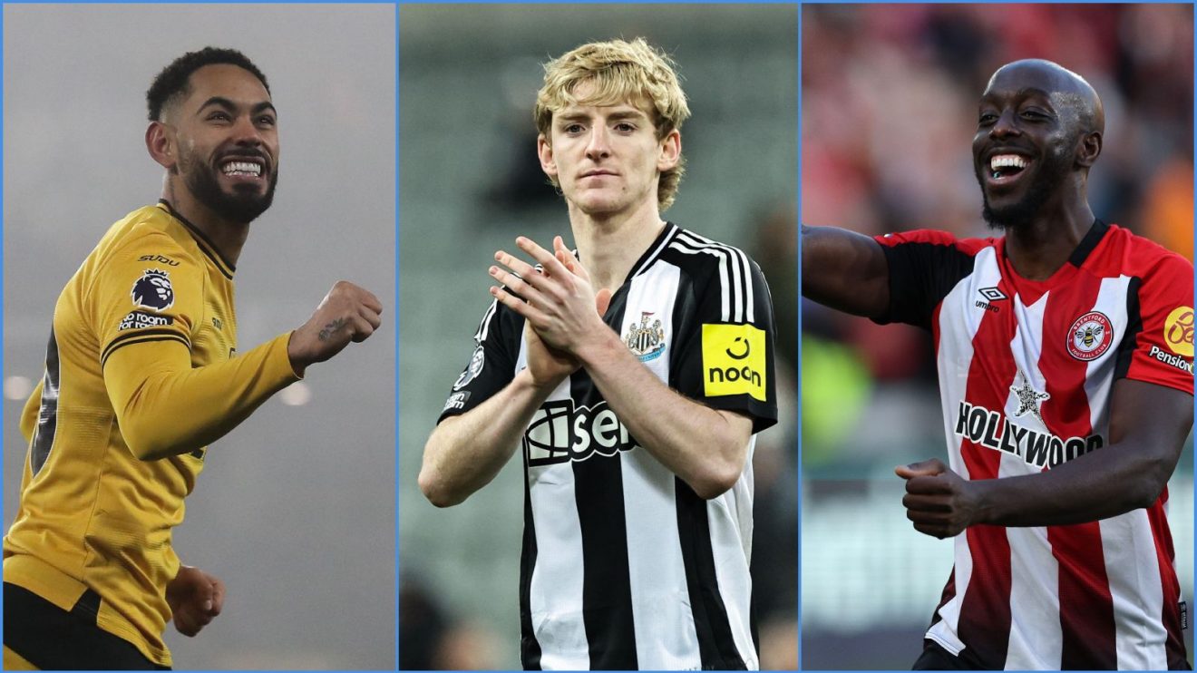 Wolves forward Matheus Cunha, Newcastle player Anthony Gordon and Brentford striker Yoane Wissa