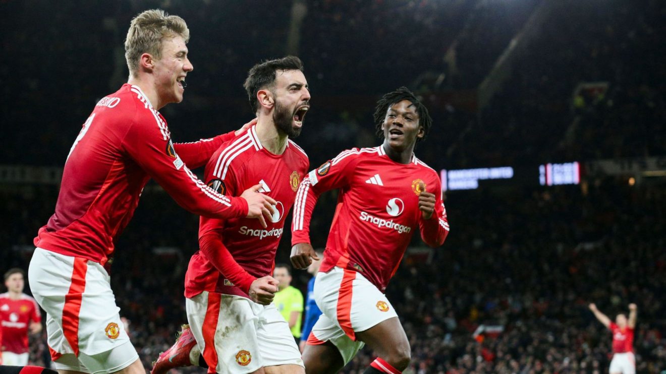 Bruno Fernandes celebrates his late winner for Manchester United against Rangers in the Europa League