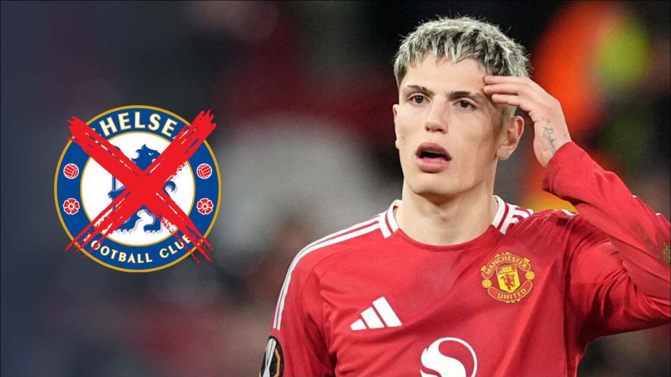 Alejandro Garnacho with a red cross over the Chelsea badge