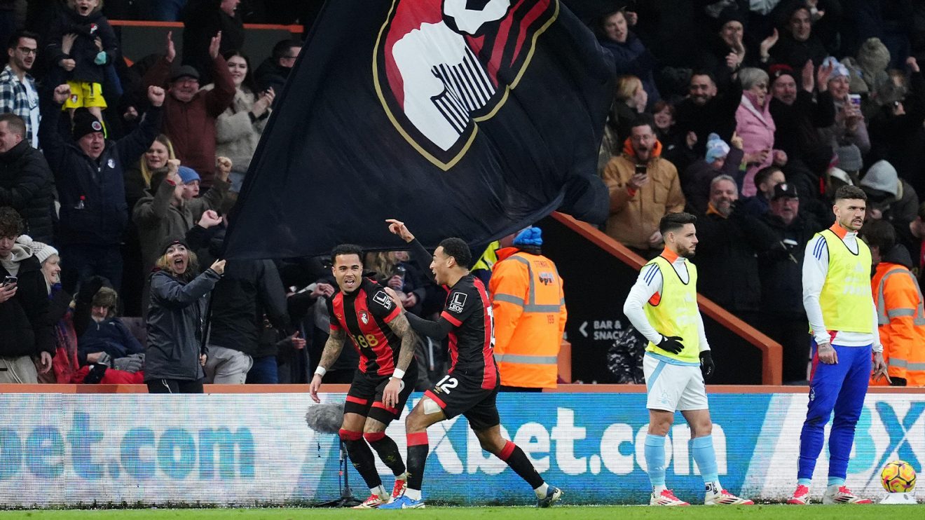 Bournemouth's Justin Kluivert celebrates with teammates in front of the crowd