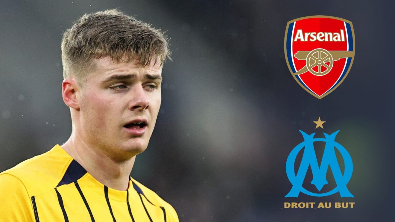 Evan Ferguson with the Arsenal and Marseille badges