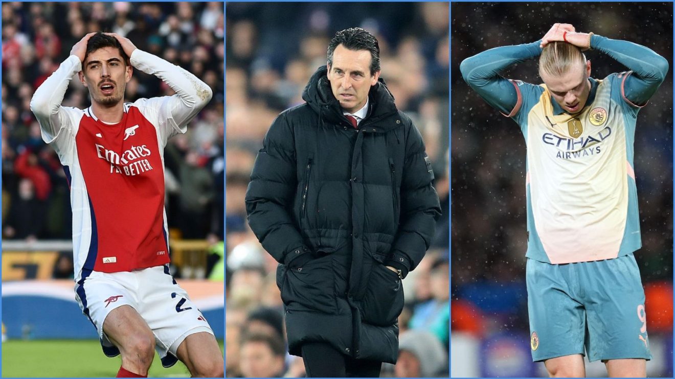 Kai Havertz of Arsenal, Aston Villa head coach Unai Emery and Manchester City striker Erling Haaland