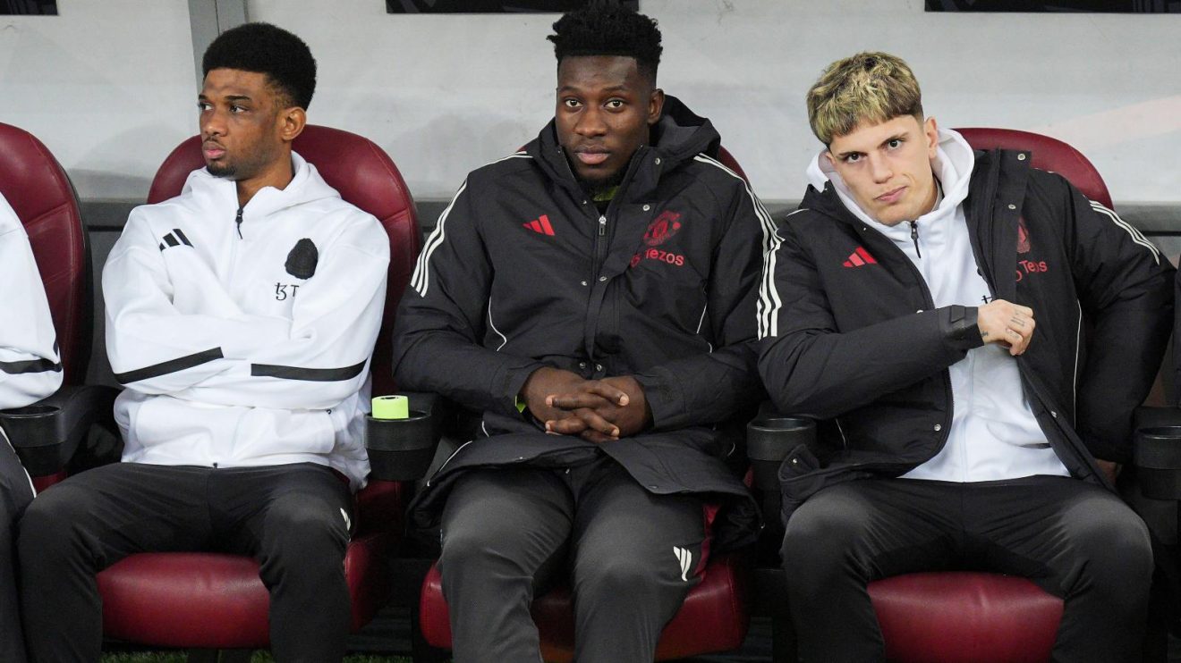 Man Utd trio Alejandro Garnacho, Andre Onana and Amad Diallo sit on the bench before a match