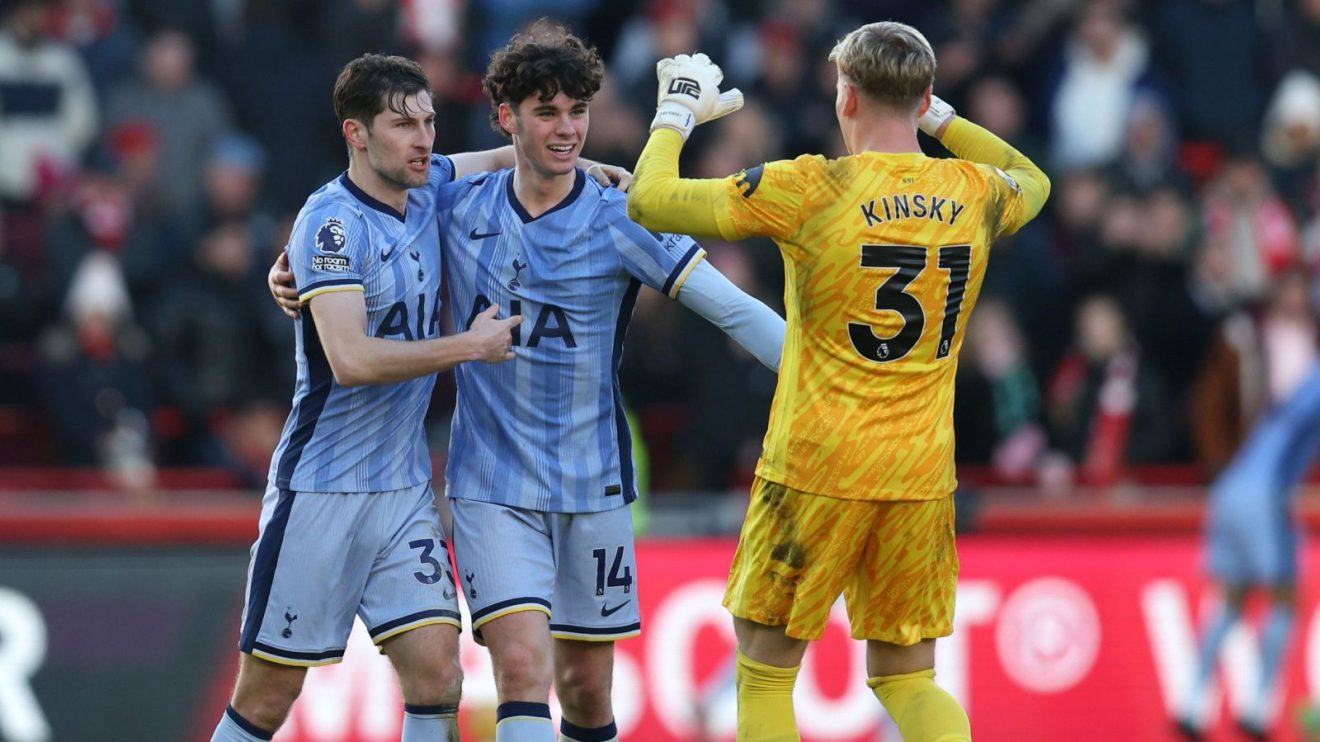 Ben Davies, Archie Gray and Antonin Kinsky celebrate Spurs' victory at Brentford