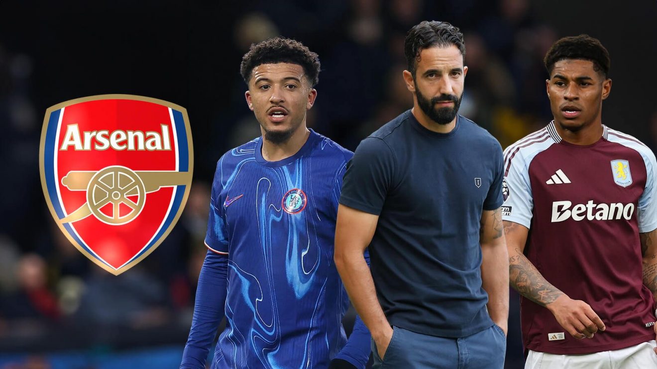 Jadon Sancho, Manchester United manager Ruben Amorim and Marcus Rashford with the Arsenal badge