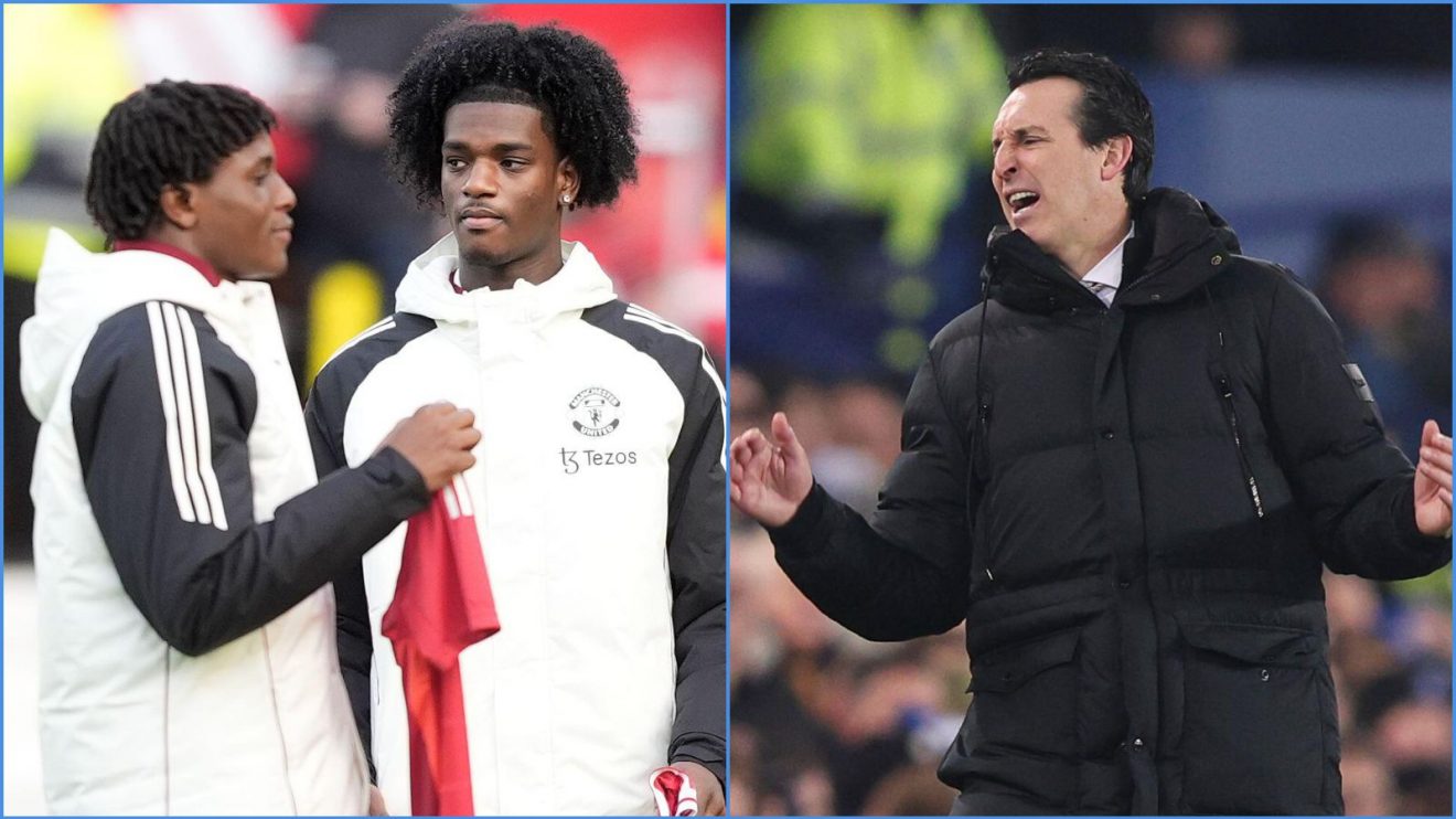 Manchester United players Patrick Dorgu and Ayden Heaven with Aston Villa coach Unai Emery