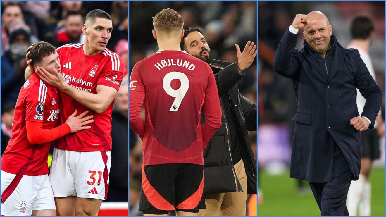 Nottingham Forest players Elliot Anderson and Nikola Milenkovic, Hojlund and Amorim of Manchester United and Liverpool coach Arne Slot