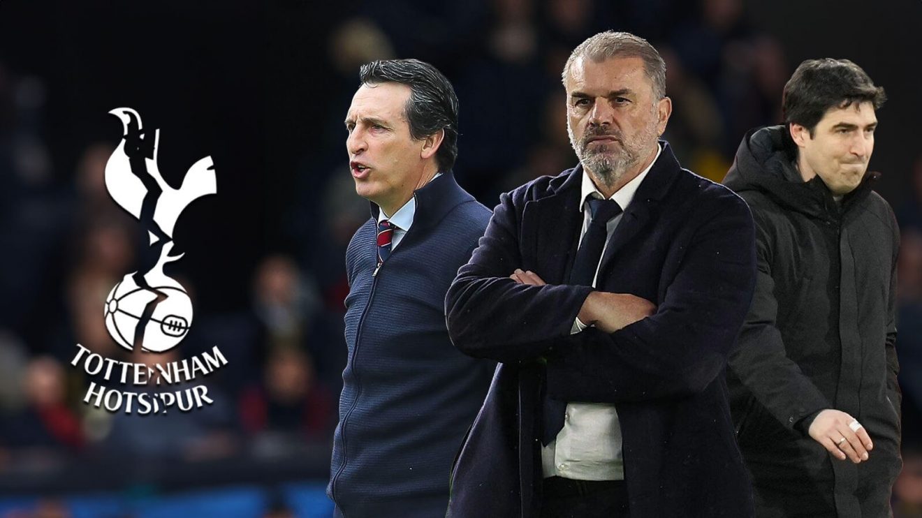 Tottenham manager Ange Postecoglou, Andoni Iraola and Unai Emery with a cracked Spurs badge